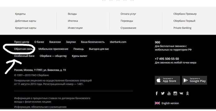 Обратная связь на сайте Сбербанка